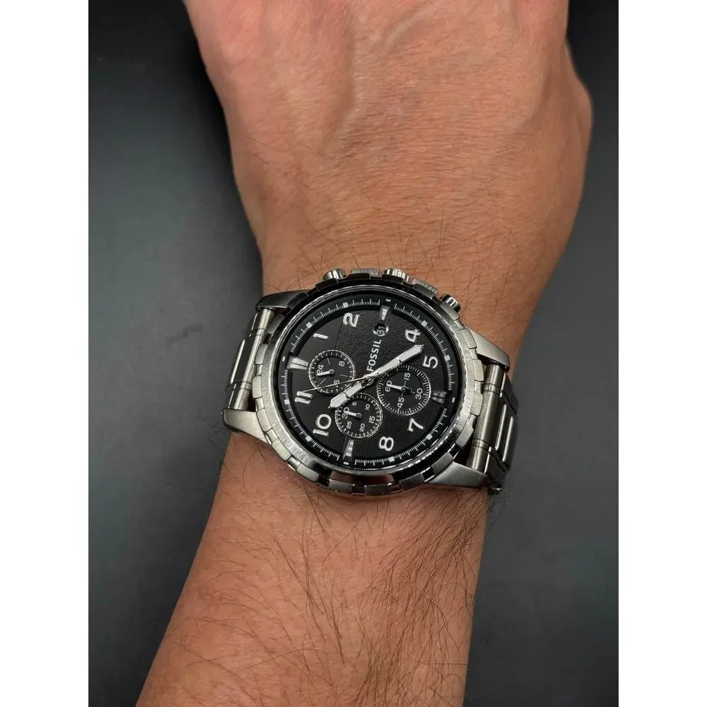 Fossil Dean FS4542 Black Chronograph Silver Tone Stainless Steel Watch 45mm